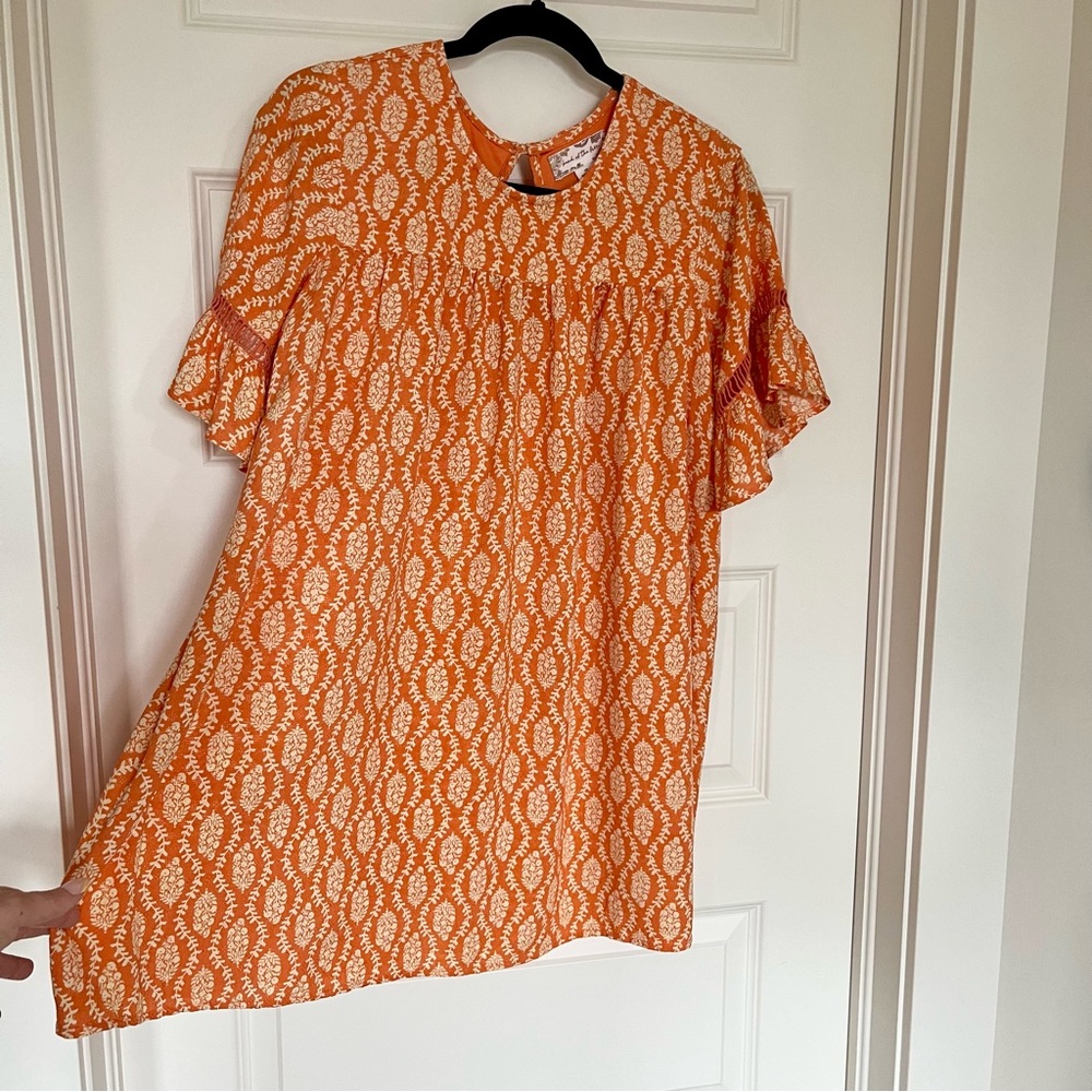 Band of the Free Boho Mini Dress XS Oversized Orange Print Flutter Sleeve